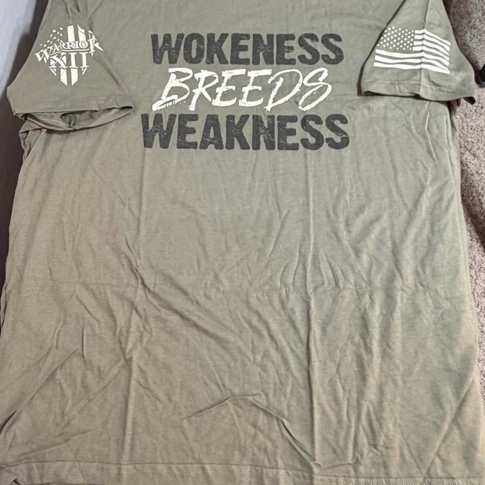 Warrior XII Wokeness Breeds Weakness T-Shirt Mens 3XL Olive Green Patriotic Flag